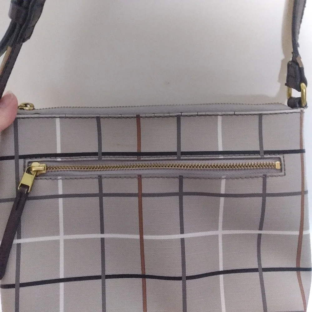 Fossil Gray and Brown Neutral Plaid Zip Top Crossbody Purse Handbag